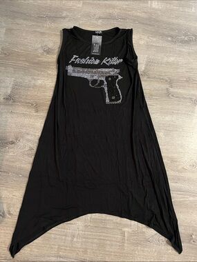 Black Sleeveless Asymmetrical Handkerchief-Hem Dress with Sequin Graphic